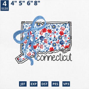 Carte de l'État appliqué le 4 juillet, broderie d'État coquette florale Connecticut Applique Design, toile florale bleue Connecticut Design contour