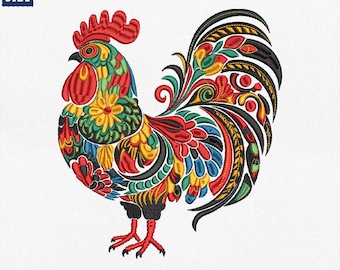 May include: A colorful embroidered rooster design with red, yellow, green, and blue details. The rooster is approximately 4 to 8 inches in size. The design includes the file types JEF, EXP, DST, PES, and VP3.