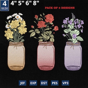 May include: Embroidered floral designs in mason jars. The set includes three designs: yellow daffodils and white daisies, red roses, and purple violets. The designs are available in 10 cm, 13 cm, 15 cm, and 20 cm sizes. The text "PACK OF 3 DESIGNS" is in red.