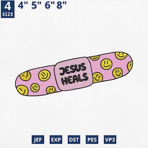 May include: A pink bandage with yellow smiley faces and the text "JESUS HEALS" in black. The bandage is approximately 4 inches wide. The design is set against a white background.