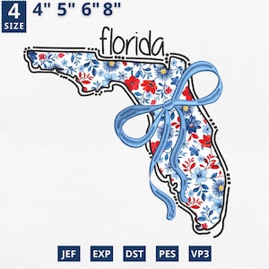 Carte de l'État du 4 juillet appliqué, broderie d'État coquette florale Floride appliques, toile florale bleue Floride contour Design