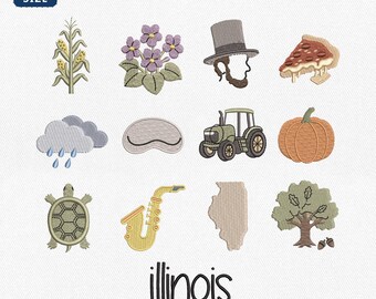 Mini Illinois State Icons Bundle Embroidery Design, Chicago Travel Machine File, Midwest Land Of Lincoln Embroidery File, Instant Download