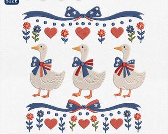 Patriotic Goose Coquette Bow Embroidery Design, Cottagecore 4th Of July Machine File, Vintage Americana Embroidery File, Instant Download