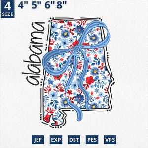 Staatskaart 4 juli stoffen, staat borduurwerk bloemen Coquette Alabama stoffen ontwerp, blauwe bloemen Toile Alabama overzichtsontwerp