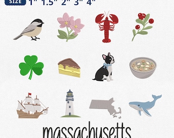 Mini Massachusetts Icons Embroidery Bundle, Boston Terrier Lobster Clam Chowder Whale Embroidery, State Map Machine File, Instant Download