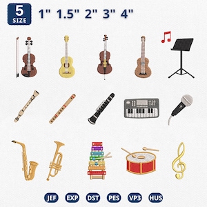 May include: A collection of machine embroidery designs featuring musical instruments including a violin, guitars, cello, music stand, flute, clarinet, keyboard, microphone, saxophone, trumpet, xylophone, drum, and treble clef, available in 1", 1.5", 2", 3", and 4" sizes.