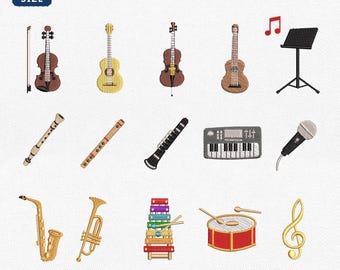 Mini Musical Instruments Icons Embroidery Bundle, Orchestra Band Teacher Machine File, Jazz Musician Symphony Embroidery, Instant Download