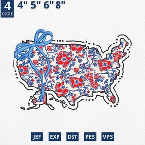 Aplique del 4 de julio con el mapa de Estados Unidos, diseño de aplique con lazo coqueto floral bordado de Estados Unidos, bordado con toile floral azul de EE. UU.