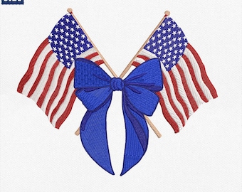 May include: Two American flags crossed behind a large blue bow. The flags are red, white, and blue. The bow is tied in the center of the flags. The image includes the text "4" "4" "5" "6" "8" "SIZE" "JEF" "EXP" "DST" "PES" "VP3".