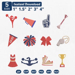 May include: A collection of twelve cheerleading-themed machine embroidery designs including a cheerleader, megaphone, foam finger, pom-poms, pennant, bow, whistle, uniform, sneakers, and trophy. Available in 1, 1.5, 2, 3, and 4 inch sizes.