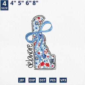Carte de l'État du 4 juillet applique, broderie État Delaware Coquette florale applique design, motif floral bleu toile Delaware contour