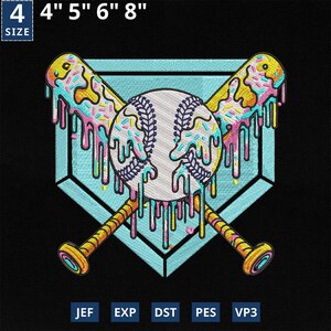 May include: A colorful baseball and two crossed bats with dripping icing and sprinkles. The baseball is white with black stitching and the bats are yellow with pink and blue icing. The background is a blue baseball diamond. The image includes the text "4" "SIZE" "4" "5" "6" "8" "JEF" "EXP" "DST" "PES" "VP3".