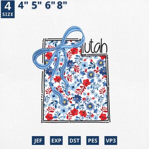 Carte de l'État du 4 juillet appliqué, broderie d'État coquette florale Utah applique design, motif floral bleu toile Utah contour