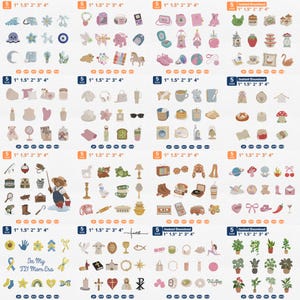 May include: A digital collection of embroidery design patterns featuring various icons including animals, plants, household items, and symbols. Each set displays size options of 1, 1.5, 2, 3, and 4 cm, along with file format labels like JEF, EXP, DST, PES, VP3, and HUS.