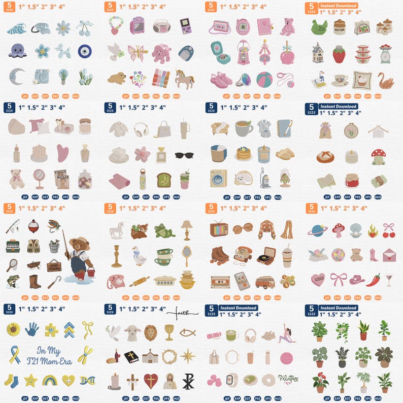 May include: A digital collection of embroidery design patterns featuring various icons including animals, plants, household items, and symbols. Each set displays size options of 1, 1.5, 2, 3, and 4 cm, along with file format labels like JEF, EXP, DST, PES, VP3, and HUS.