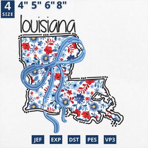 Aplique del mapa del estado del 4 de julio, diseño de aplique floral con bordado estatal de Luisiana, diseño de contorno de Luisiana con estampado floral azul de toile