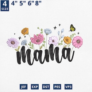 Könnte beinhalten: Maschinenstickerei-Design des Wortes "mama" in schwarzer Schrift mit einem floralen Rand aus rosa, gelben, orangefarbenen und violetten Blumen. Ein kleiner gelber Schmetterling befindet sich über den Blumen. Das Design ist in den Größen 4, 5, 6 und 8 Zoll erhältlich.