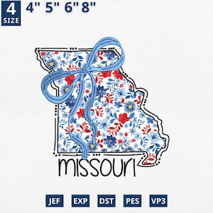 Carte de l'État appliqué du 4 juillet, broderie d'État coquette florale Missouri applique design, toile florale bleue Missouri contour Design