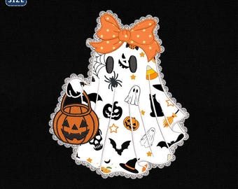 Girly Ghost Applique Embroidery Design, Halloween Trick Or Treat Machine File, Coquette Bow Pumpkin Bucket, Spooky Season, Instant Download