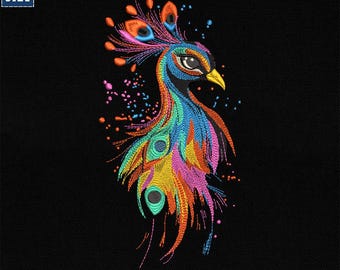 カラフルな孔雀の刺繍デザイン、芸術的な鳥の機械ファイル、ボヘミアン