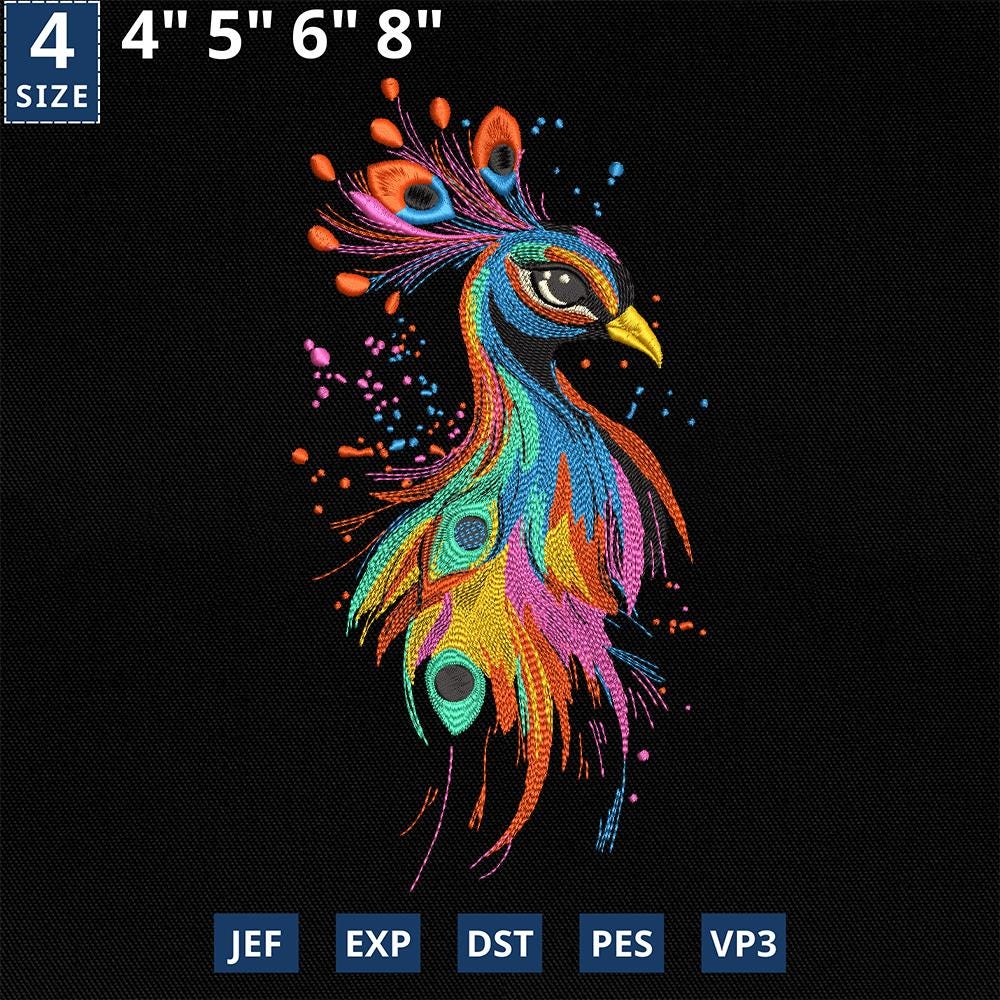 カラフルな孔雀の刺繍デザイン、花柄の鳥のミシンファイル、ボヘミアン