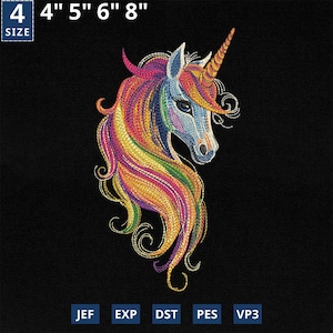 May include: Embroidered unicorn patch with a rainbow mane and horn. The patch is available in sizes 4", 5", 6", and 8" and features the file types JEF, EXP, DST, PES, and VP3. The unicorn has a blue face and a black background.