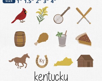 Mini Kentucky Icons Embroidery Bundle, Thoroughbred Horse Cardinal Banjo Mint Julep Embroidery, State Map Machine File, Instant Download