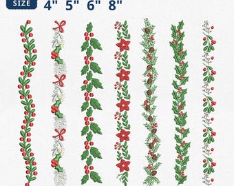 Christmas Border Embroidery Bundle, Floral Garland, Holly Leaf, Poinsettia Embroidery, Festive Tableware Machine File, Instant Download