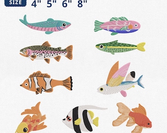 Fish Embroidery Bundle, Tropical Sea Creature, Clownfish, Trout, Goldfish Embroidery File, Bass Trout Salmon Machine File, Instant Download