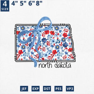 Carte de l'État du 4 juillet appliqué, broderie d'État coquette florale du Dakota du Nord appliques, toile florale bleue Dakota du Nord contours
