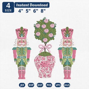 May include: Machine embroidery design featuring two nutcrackers in pink and green uniforms flanking a central topiary in a pink and white patterned vase. Text includes 4 SIZE and 4" 5" 6" 8". File formats listed are JEF, EXP, DST, PES, VP3, and HUS.