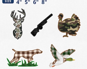 Hunting Applique Embroidery Bundle, Outdoor Hunter Embroidery, Mallard Duck, Dog, Deer, Buck, Turkey, Shotgun Machine File, Instant Download