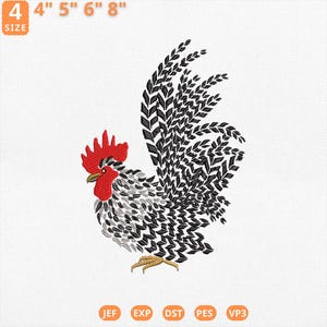 Peut inclure: Broderie d'un coq noir, blanc, rouge et or. Le coq a une crête et un fanon rouges, avec un corps et une queue à motifs noirs et blancs. Les tailles sont de 10 cm, 13 cm, 15 cm et 20 cm de hauteur.
