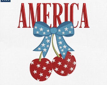 アメリカチェリー刺繍デザイン、コケットチェリーボウ刺繍、独立記念日
