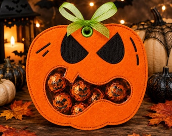 ITH Pumpkin Treat Bag Embroidery Design, Halloween Candy Holder Machine File, Peekaboo Vinyl Window Jack O Lantern Favor, Instant Download