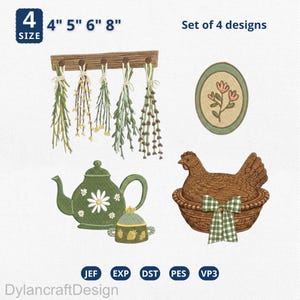 Puede incluir: Conjunto de cuatro diseños de bordado. Incluye una exhibición de hierbas colgantes, un diseño floral ovalado, una tetera verde con una margarita y una gallina en una cesta. Los diseños miden 10 cm, 13 cm, 15 cm y 20 cm. El texto "Set of 4 designs" es visible.