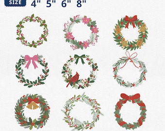 Christmas Wreath Embroidery Bundle, Holiday Floral Frame Poinsettia Cardinal Bell Embroidery, Christmas Craft Machine File, Instant Download