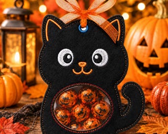 ITH Black Cat Treat Bag Embroidery Design, Halloween Candy Holder Machine File, Peekaboo Vinyl Window Felt Favor Design, Instant Download