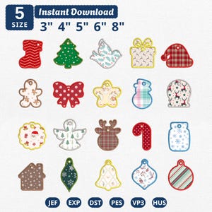 May include: A collection of twenty Christmas-themed embroidery designs featuring shapes like a stocking, tree, dove, gift, Santa hat, gingerbread person, bow, star, snowman, reindeer, candy cane, mason jar, house, bell, and ornaments in 3" 4" 5" 6" 8" sizes.