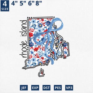 Aplique del 4 de julio con el mapa del estado, diseño de aplique floral con bordado estatal de Rhode Island, diseño de contorno de Rhode Island con toile floral azul