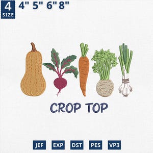 Könnte beinhalten: Gesticktes Design mit Butternusskürbis, Rote Bete, Karotte, Knollensellerie und Frühlingszwiebeln. Der Text "CROP TOP" steht darunter. Die Größe ist 4, 10 cm, 13 cm, 15 cm und 20 cm.