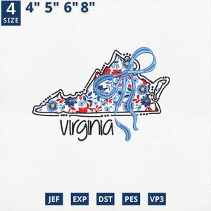 Carte de l'État du 4 juillet appliqué, broderie d'État coquette florale Virginie applique design, toile florale bleu Virginie contour Design