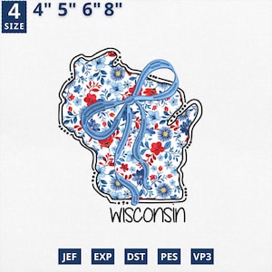 Aplique del 4 de julio con el mapa del estado, diseño de aplique floral con bordado estatal de Wisconsin, diseño de contorno de Wisconsin con estampado floral azul de toile