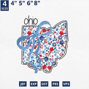 Carte de l'État appliquée le 4 juillet, broderie d'État coquette florale de l'Ohio, conception de contour de toile florale bleue de l'Ohio de l'Ohio