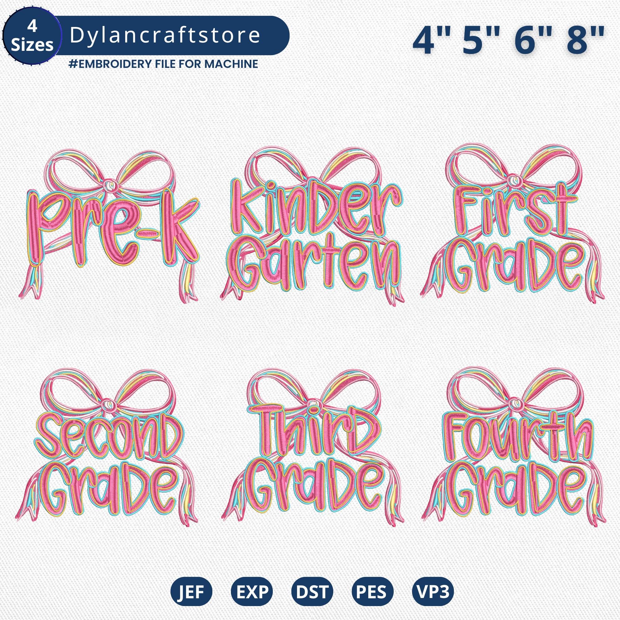 6 Preppy Back to School Embroidery Design, Preppy Coquette Bow Embroidery File, First Day of School Dst file, Pre-k 1st/2nd/3rd/4th Grade
