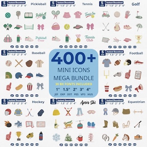 Peut inclure: Une collection de motifs de broderie numérique avec plus de 400 mini-icônes sur des thèmes sportifs comme le pickleball, le tennis, le golf, le baseball, le football, le hockey, le ski et l'équitation. Inclut 30 polices BX, tailles 1, 1.5, 2, 3, 4 pouces.