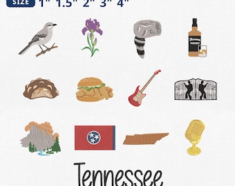 Mini Tennessee Embroidery Bundle, Nashville Country Music Guitar Iris Bird Whiskey Embroidery, State Map Machine File, Instant Download
