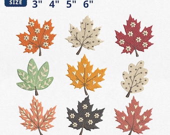 Fall Leaves Embroidery Bundle, Autumn Maple Oak Leaf Patterned Floral Heart Thanksgiving Embroidery, Foliage Machine File, Instant Download