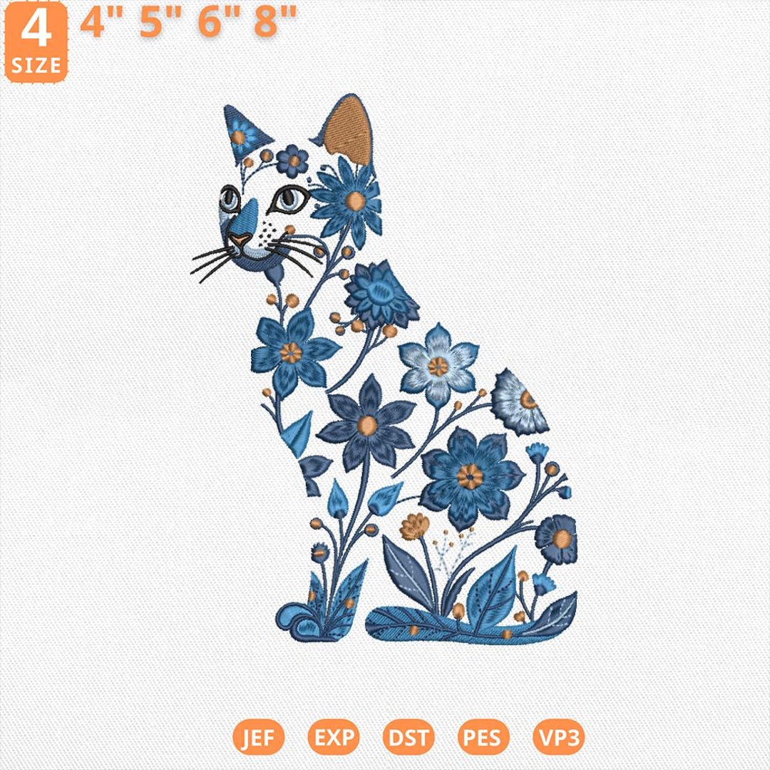 花柄の猫の刺繍デザイン、青い植物のシルエットのミシン用ファイル