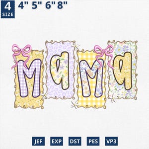 Puede incluir: Un diseño de bordado colorido que deletrea "MAMA" con patrones florales, de cuadros y de leopardo. Cada letra está enmarcada con un borde decorativo y rematada con un lazo rosa. El diseño está disponible en varios tamaños, de 10 cm a 20 cm.